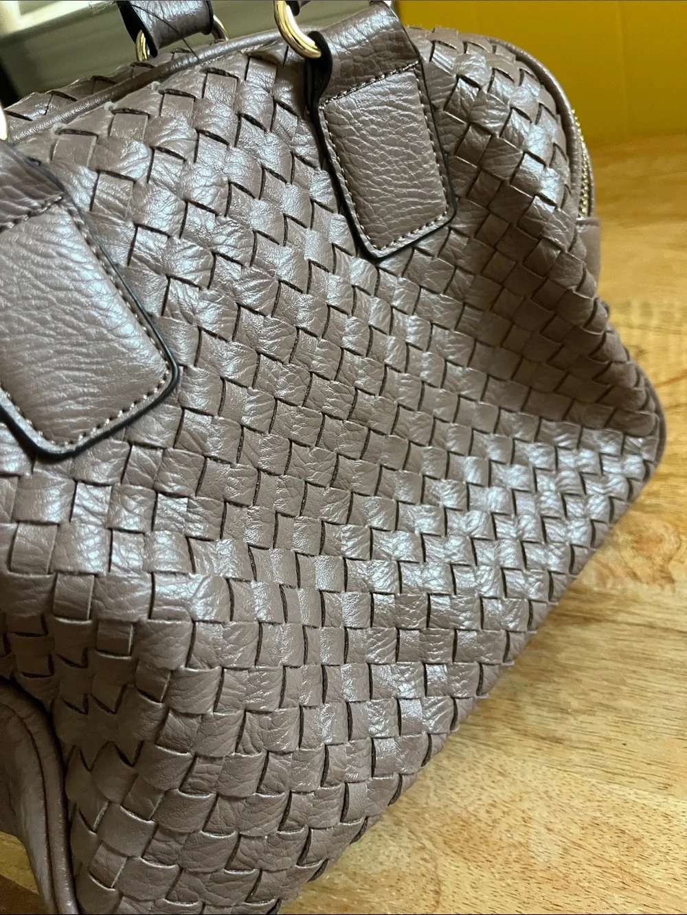 Woven Leather Satchel in Taupe